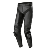 Black leather motorcycle pants with a brand logo on a white background