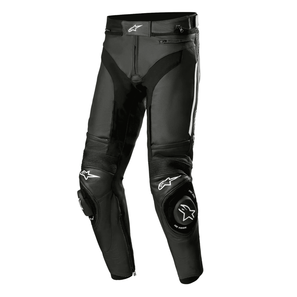 Black motorcycle pants with brand logo on a white background