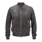 Men's gray suede bomber jacket, front view