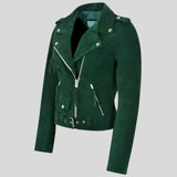 A dark green suede motorcycle jacket with silver-tone hardware, including a front zipper, zippered pockets, and a belted waist, shown on a solid gray background.