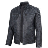 A men's black faux leather biker jacket with a distressed finish, ribbed shoulder details, and a stand collar, shown on a plain white background.