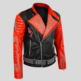 A black and red faux leather motorcycle jacket with silver studs, zippers, and a 'PP' logo on the chest, displayed on a solid gray background.