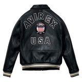 Black leather jacket with 'AVIREX USA' branding on a white background