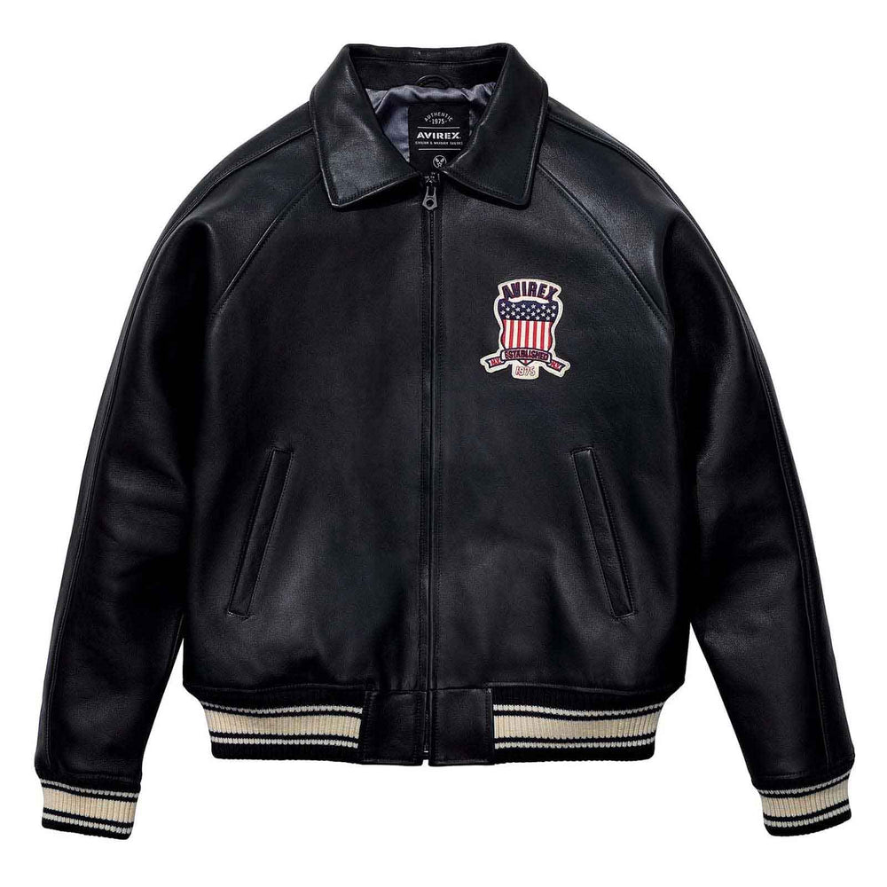 Black leather jacket with Avirex logo on a white background