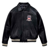 Black leather jacket with Avirex logo on a white background