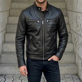 Man wearing black cowhide cafe racer jacket with jeans