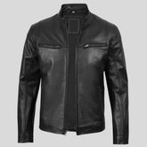 Men's black cafe racer leather jacket, front view
