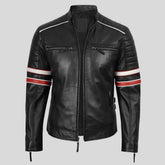Men's black lambskin cafe racer jacket with racing stripes, front view