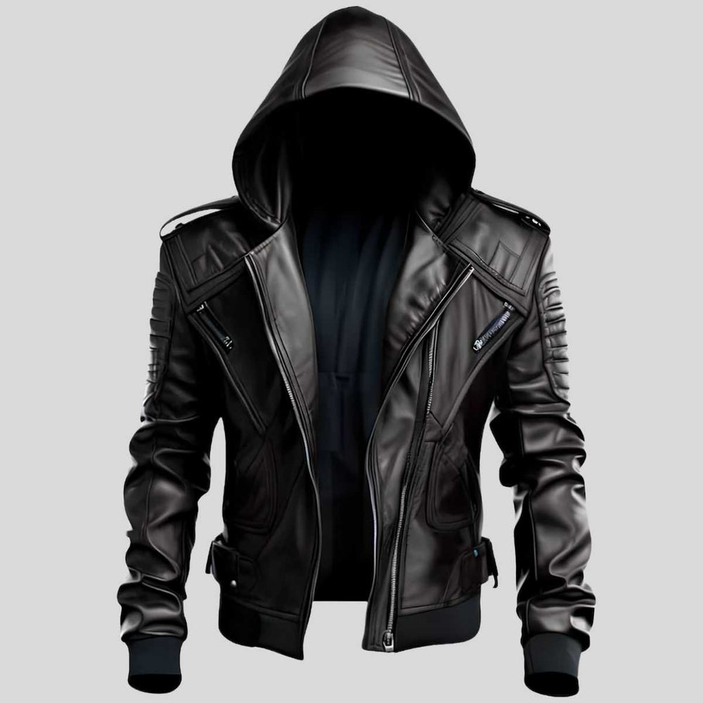 Men's black hooded leather motorcycle jacket, front view