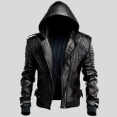 Men's black hooded leather motorcycle jacket, front view