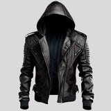 Men's black hooded leather motorcycle jacket, front view