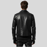 Back view of men's black leather motorcycle jacket