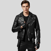 Men's black genuine leather biker jacket, front view