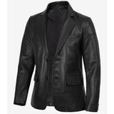 A black leather blazer jacket displayed on a headless mannequin torso, shown against a plain white background.