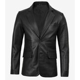 Men's black leather blazer with notch lapel, front view