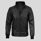 Men's black cowhide leather bomber jacket, front view