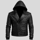 Men's black leather hooded biker jacket, front view