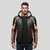 Man wearing black and orange hooded motorcycle jacket with jeans