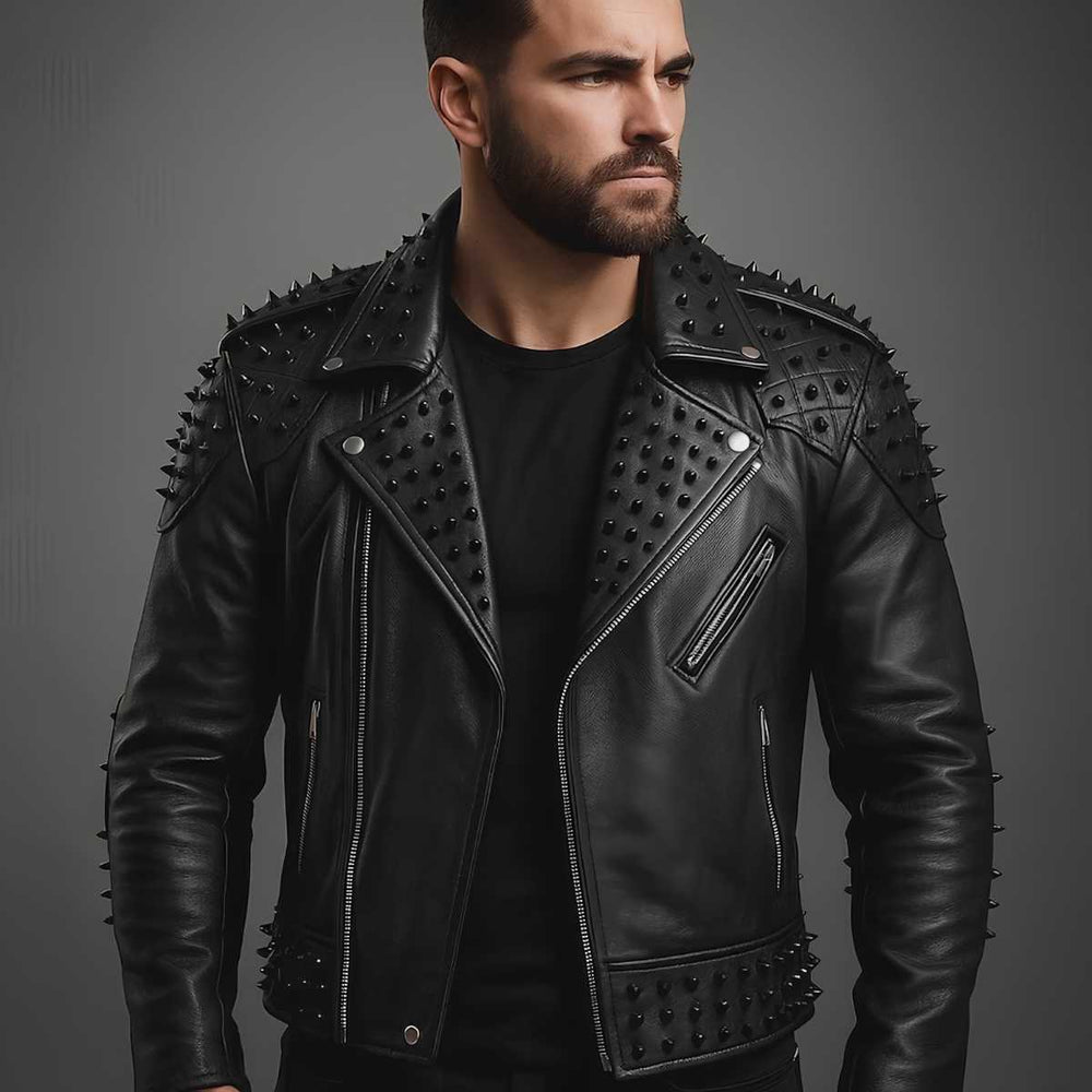 Men's black leather biker jacket with black spikes, front view