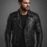 Men's black leather biker jacket with black spikes, front view