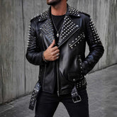 Men's black sheepskin leather biker jacket with silver studs, front view