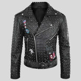 Men's black studded leather jacket covered in cone spikes, front view