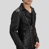 Black leather jacket with studded details on a white background