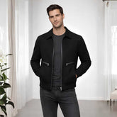 Men's black suede bomber jacket, front view