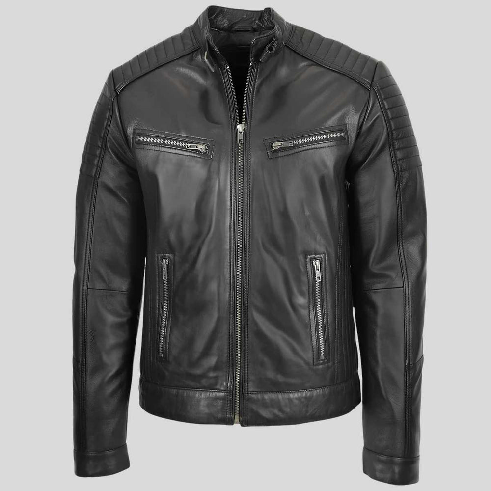 A black leather biker jacket with a full front zipper, zippered chest pockets, and zippered hand pockets, shown against a solid gray background.
