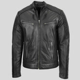 A black leather biker jacket with a full front zipper, zippered chest pockets, and zippered hand pockets, shown against a solid gray background.