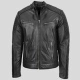 A black leather biker jacket with a full front zipper, zippered chest pockets, and zippered hand pockets, shown against a solid gray background.