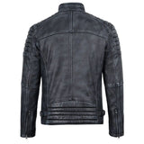 A dark gray distressed leather motorcycle jacket shown from the back, featuring quilted shoulder panels, a high collar, and zippered sleeve details, set against a plain white background.