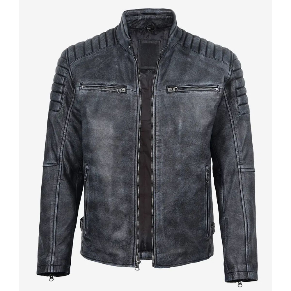 Men's black washed leather jacket with quilted shoulders, front view