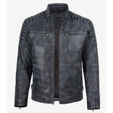 Men's black washed leather jacket with quilted shoulders, front view