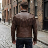 Back view of men's brown leather jacket showing fringe detailing
