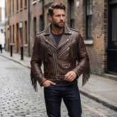 Men's brown fringe western leather jacket with silver studs, front view