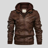 Men's brown lambskin leather bomber jacket with hood, front view