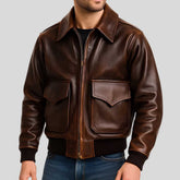 Front: Men's brown leather aviator jacket with vintage finish, front view