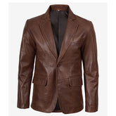 Men's brown leather blazer with notch lapel, front view