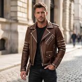 Man wearing brown studded leather biker jacket with black jeans
