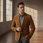 A man wearing a camel brown blazer over a gray button-down shirt and gray trousers, standing in a modern loft-style room with large windows casting soft light on the floor.