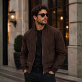 Men's brown suede bomber jacket, front view
