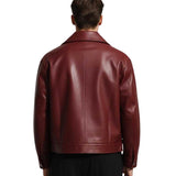 Back view of men's burgundy leather jacket