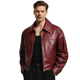 Men's burgundy leather jacket with point collar, front view
