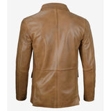 Back view of men's camel leather blazer showing tailored fit