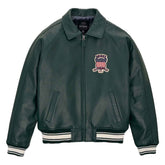 Green leather jacket with a logo on the chest against a white background