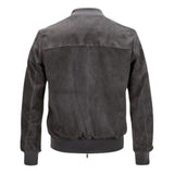 Back view of men's gray suede bomber jacket