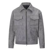 Men's gray suede trucker jacket, front view