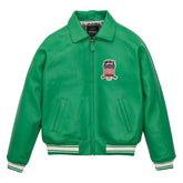 A green leather varsity-style jacket with a zip-up front, ribbed collar, cuffs, and hem, featuring a US flag crest patch on the left chest with the brand name 'MIRAE' and 'NEW YORK' embroidered on it. The jacket is displayed flat against a solid white background.