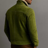 Back view of men's snap-front green suede jacket